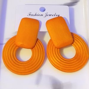 Orange Wood Circle Drop Earrings